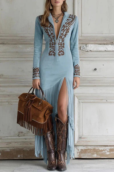 Fashionable Embroidered Fitted Long-sleeved Tassel Hem Maxi Dress