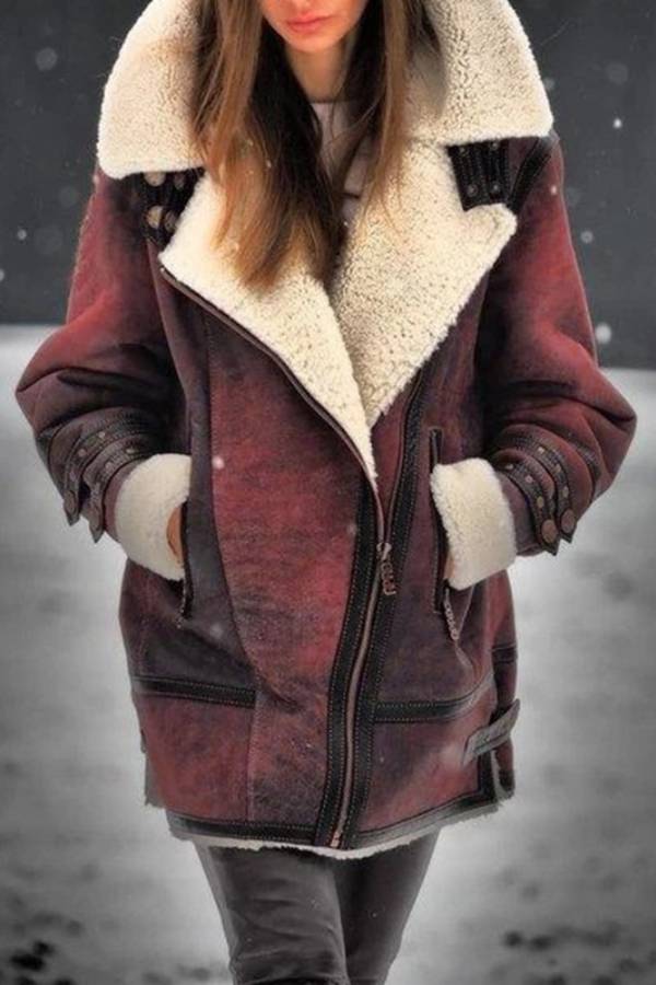 Retro-style shearling motorcycle jacket with large lapel