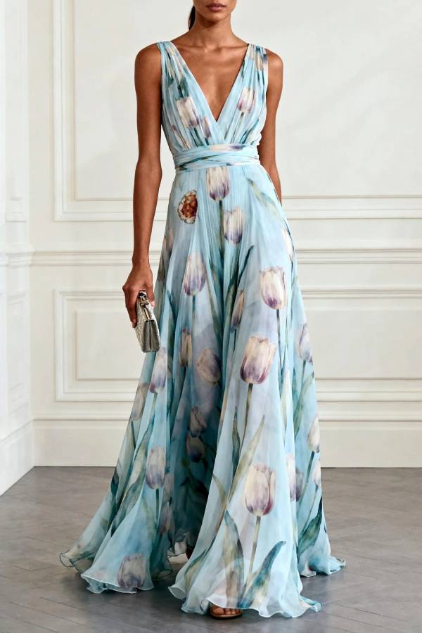 Light Blue Floral Print Chiffon V-neck Sleeveless Maxi Dress