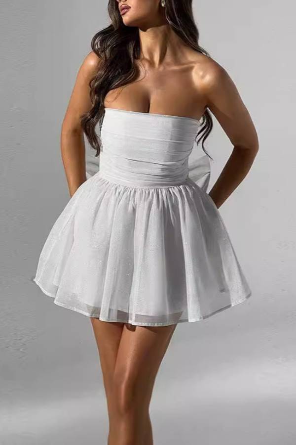 Strapless Sequined Bow Puffy Miniskirt
