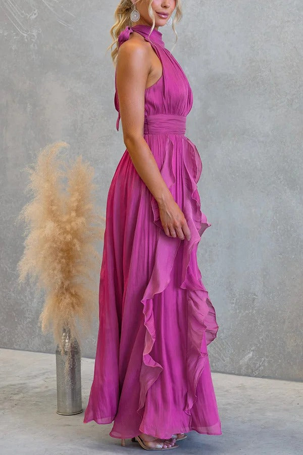 Coral Textured Metallic Chiffon Material High Tie Neck Ruffles Maxi Dress