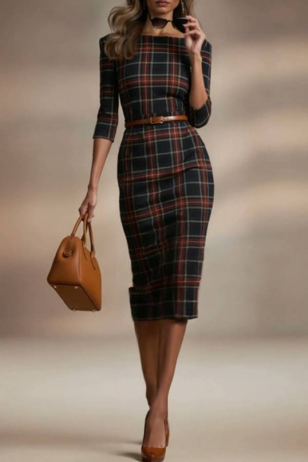 Classic checked midi dress with three-quarter sleeves