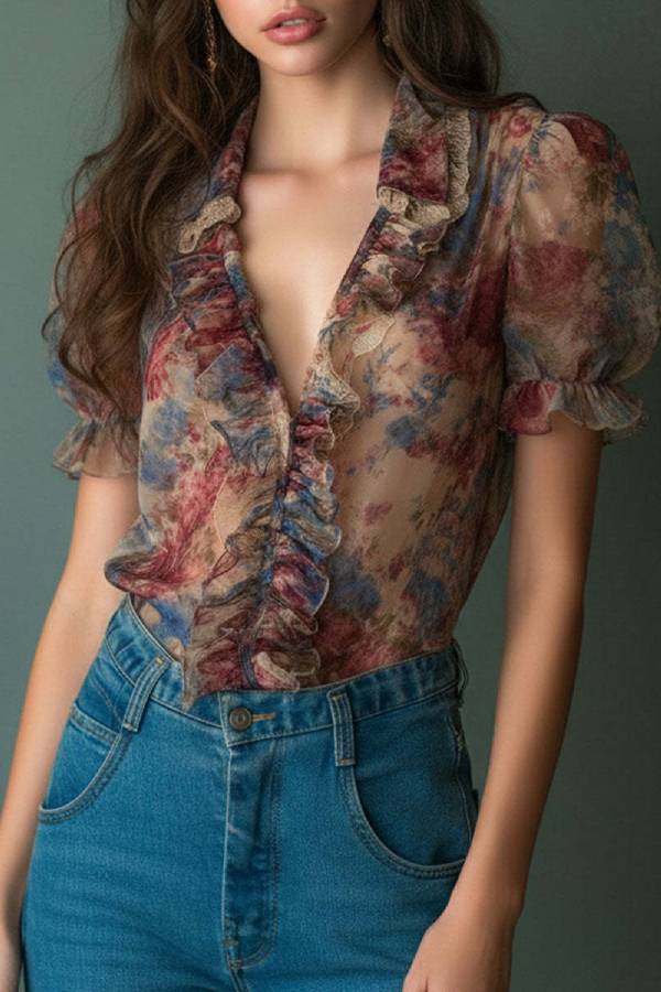 French Vintage Watercolor Floral Ruffled Sheer Blouse