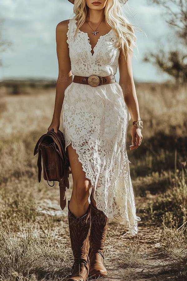 Women's White Lace High Low Maxi Dress