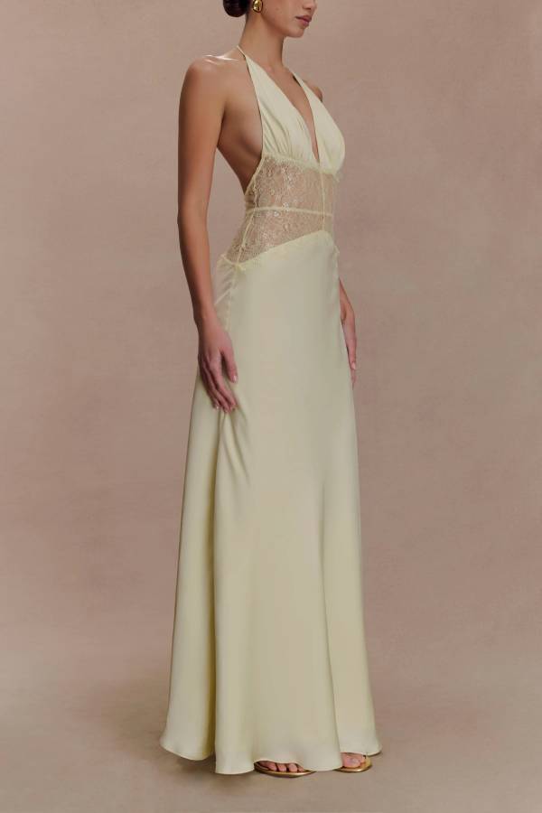 Soft and elegant halterneck lace-paneled maxi dress