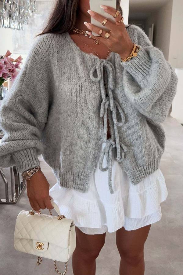 Multi-colored belted loose knit cardigan