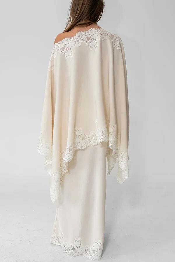 Like A Swan Satin Lace Trim Off Shoulder Wide Sleeve Cape Top