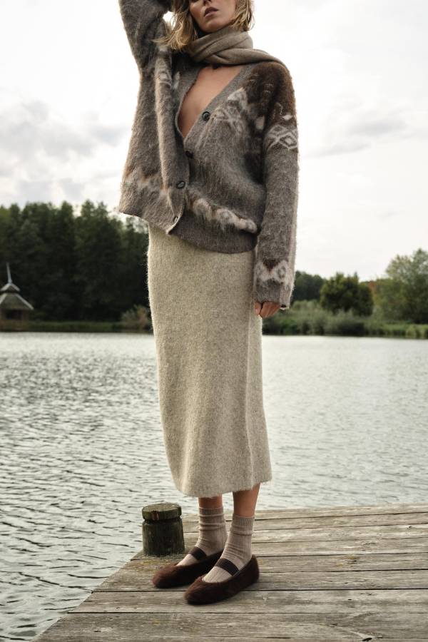 BRUSHED EFFECT JACQUARD KNIT CARDIGAN