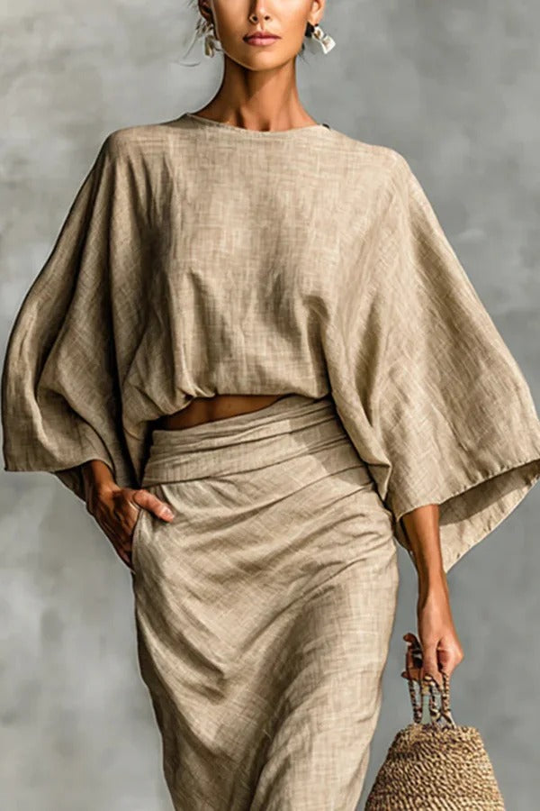 Linen Blend Batwing Sleeve Loose Top and Casual Pocket Maxi Skirt Set