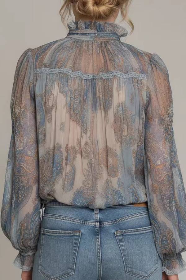 Vintage Paisley Print Lace Trim High-Neck Chiffon Blouse