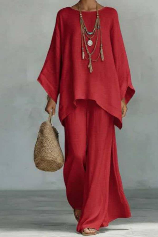 Linen-Style Oversized Top + Slit Wide-Leg Pants Set