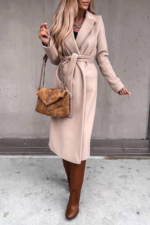 Lapel belted long wool coat