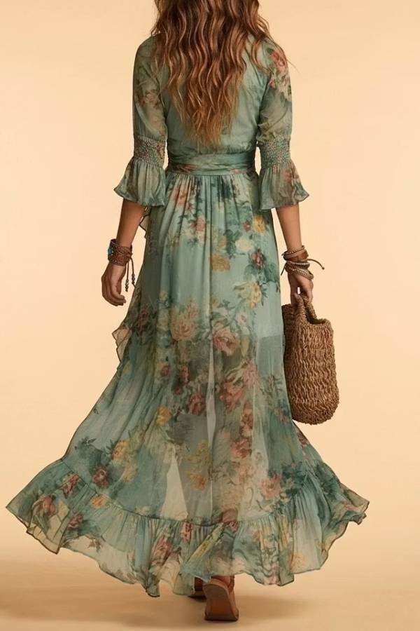 Women's Vintage Green Oil-Painting Floral Chiffon Maxi Dress