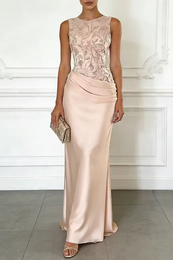 Vera Mesh Embroidery Satin Ruched Crew Neck Sleeveless Gown Maxi Dress