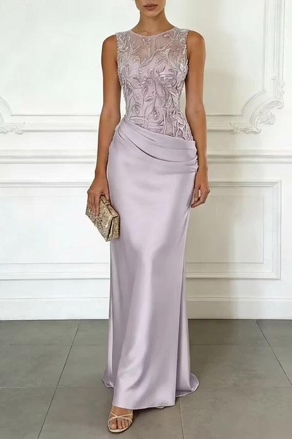 Vera Mesh Embroidery Satin Ruched Crew Neck Sleeveless Gown Maxi Dress