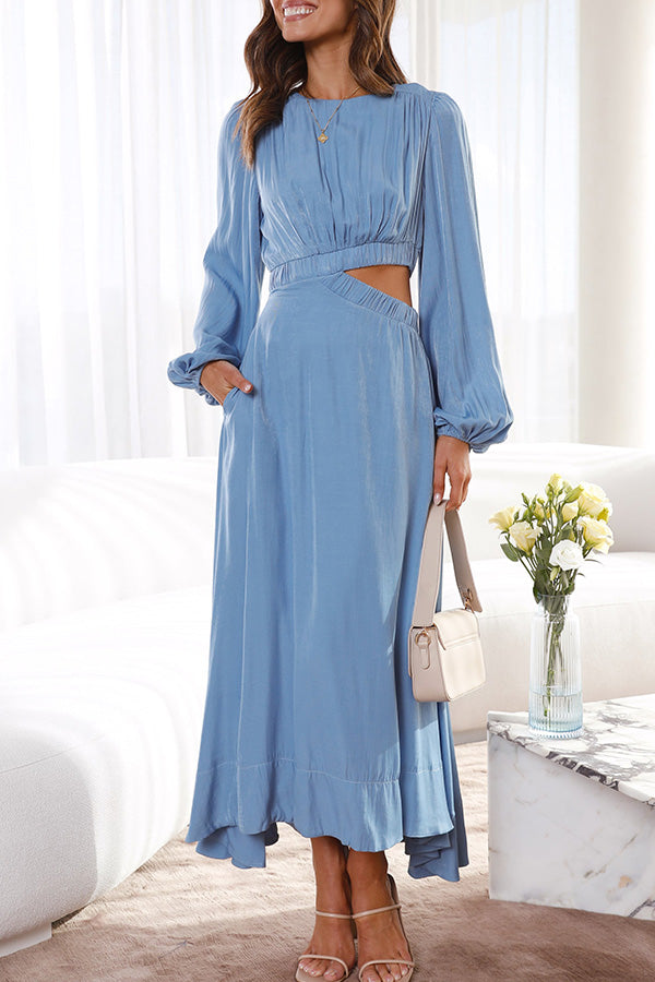 Eloise Blue Bubble Long Sleeve One Side Open Waist Midi Dress
