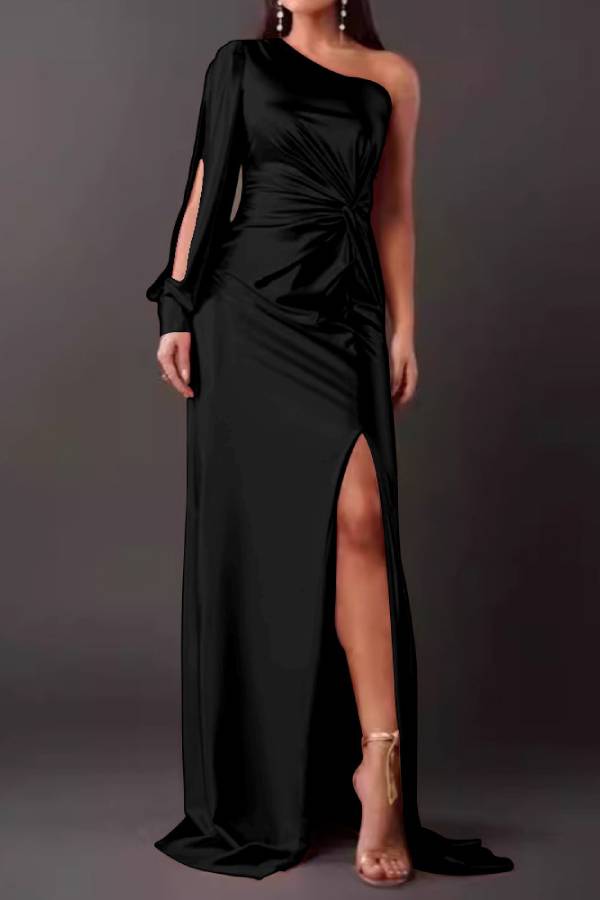 One-shoulder satin twisted high-slit maxi dress