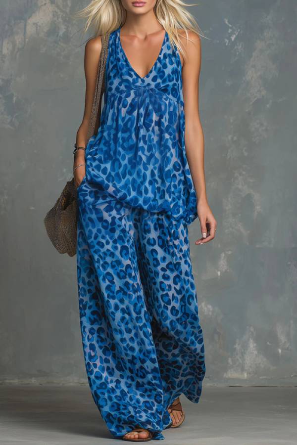 Leopard Print Halter Top & Wide Leg Pants Two-Piece Set