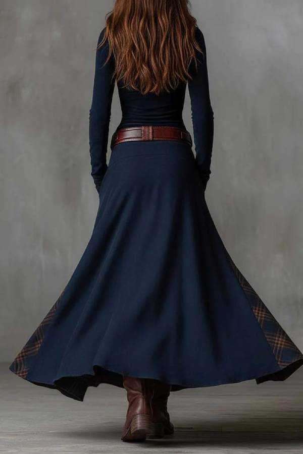 Navy Plaid Paneled Vintage Suede Maxi Dress