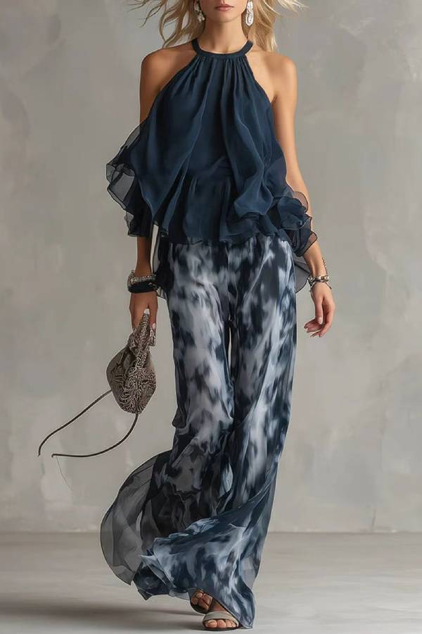 Navy Halter Chiffon Top + Tie-Dye Wide-Leg Pants Set