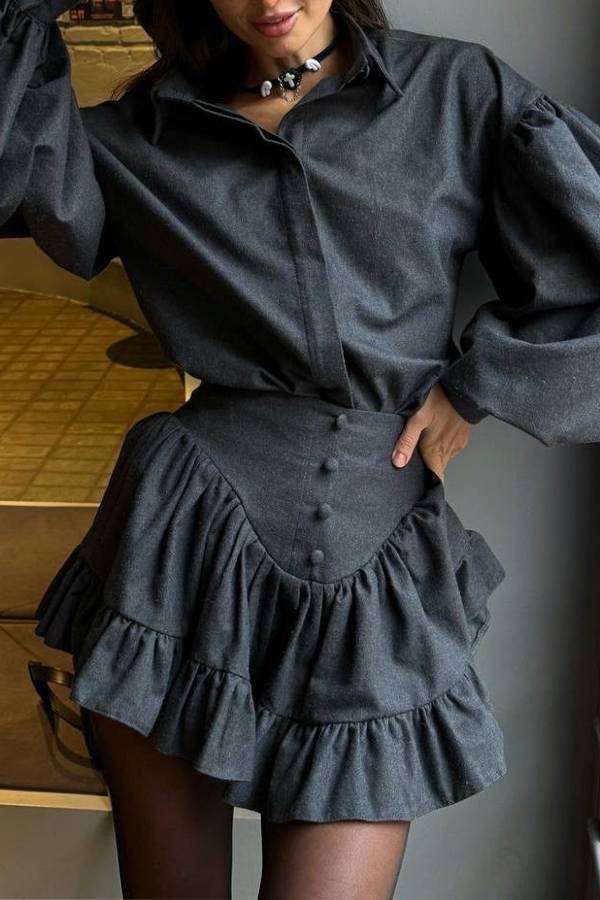 Retro puff sleeve shirt + ruffled high-waisted mini skirt set