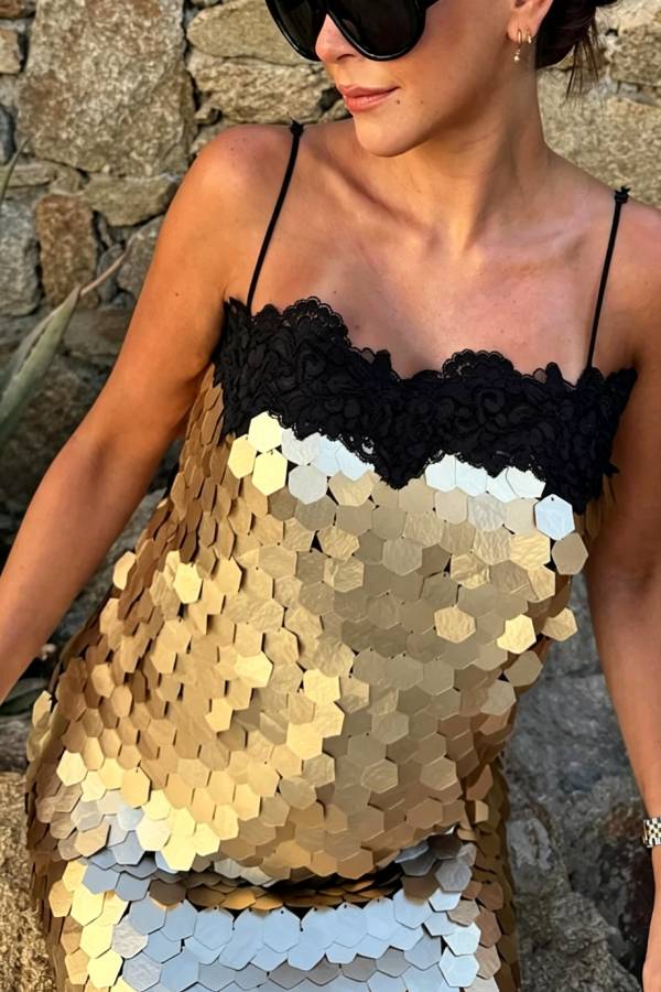 Vivica Large Sequin Contrast Lace Appliqué Detail Thin Straps H-line Mini Dress