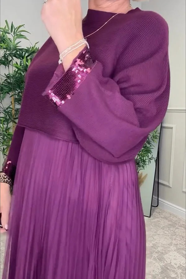 Fenna Ribbed Sequin Trim Batwing Sleeve Sweater and Pleated Tulle Stretch Tank Midi Dress Two-piece Set