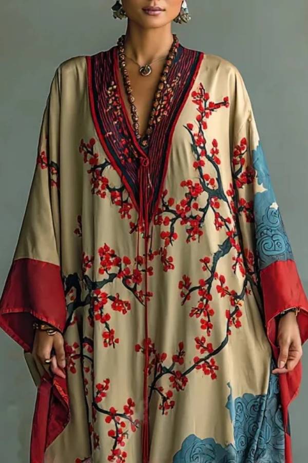 Japanese Red Plum Blossom Print Batwing Sleeve Maxi Dress
