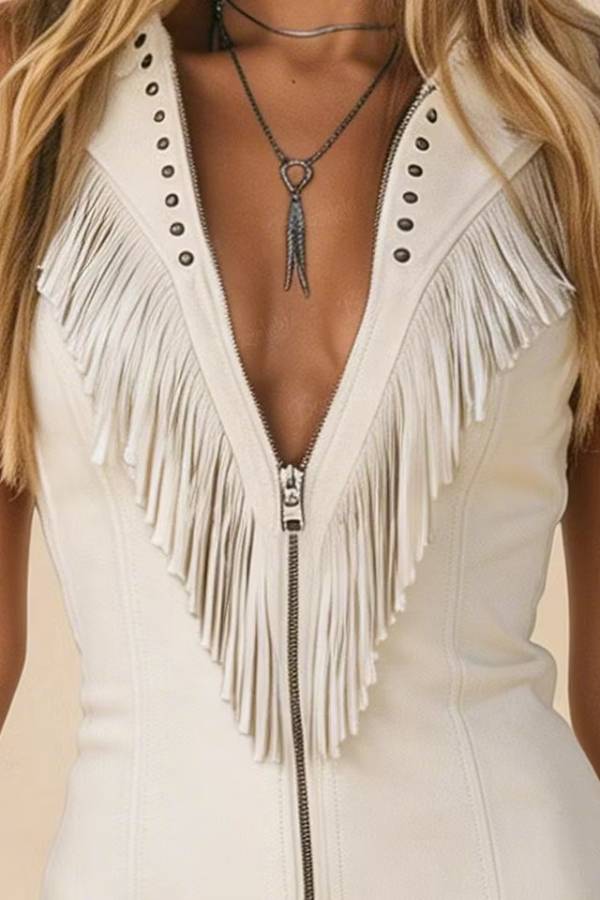 Western-Style Faux Suede Fringed Sleeveless Mini Dress