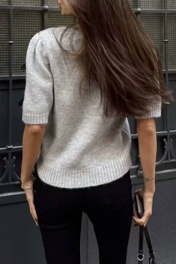 Round neck puff sleeve bow-decorated knitted sweater