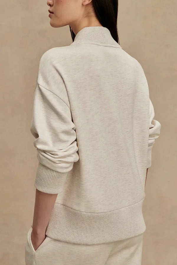 Meet The Autumn Ribbed Zipper Neck Sweatshirt and Elastic Waist Pocketed Loose Pants Set