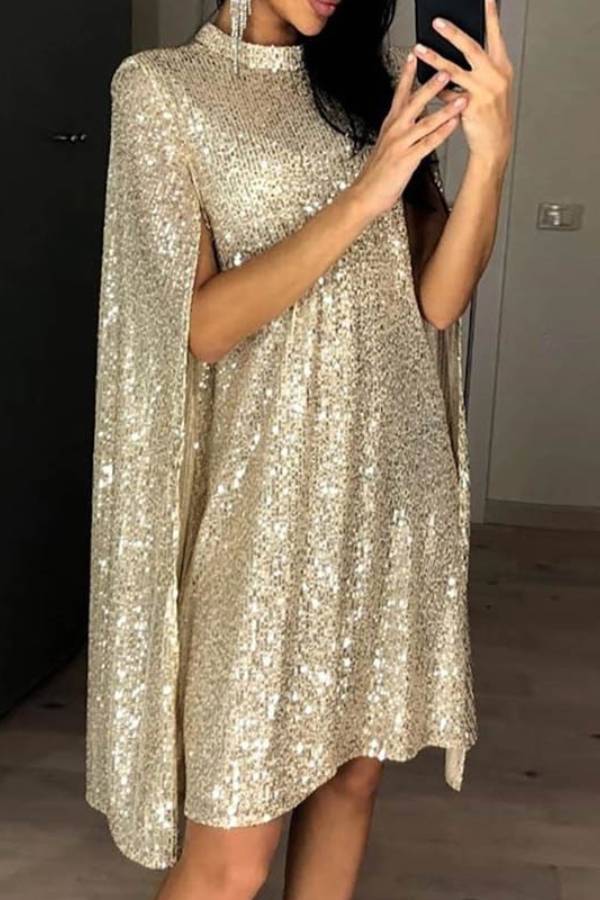 Sequined Cape Turtleneck Party Dress