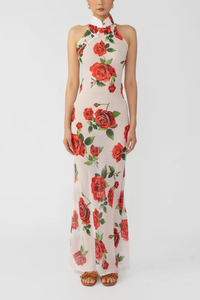 Halter Neck Sleeveless Rose Print Long Dress