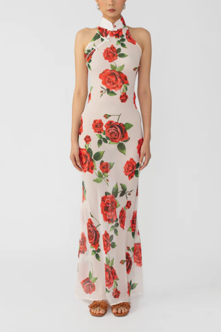 Halter Neck Sleeveless Rose Print Long Dress
