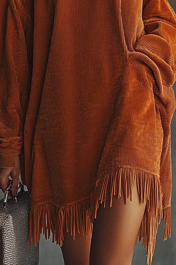 Orange corduroy loose tassel hem high collar dress