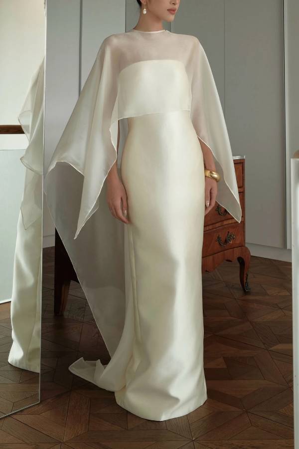 Elegant Sheer Cape Overlay Satin Maxi Dress