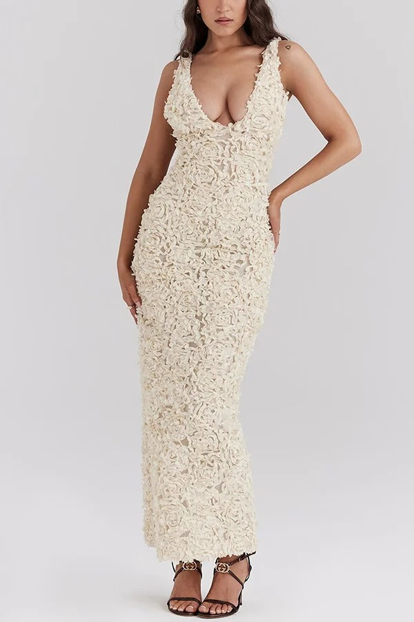 Three-dimensional Flower Sexy V-neck Slim Maxi Dress
