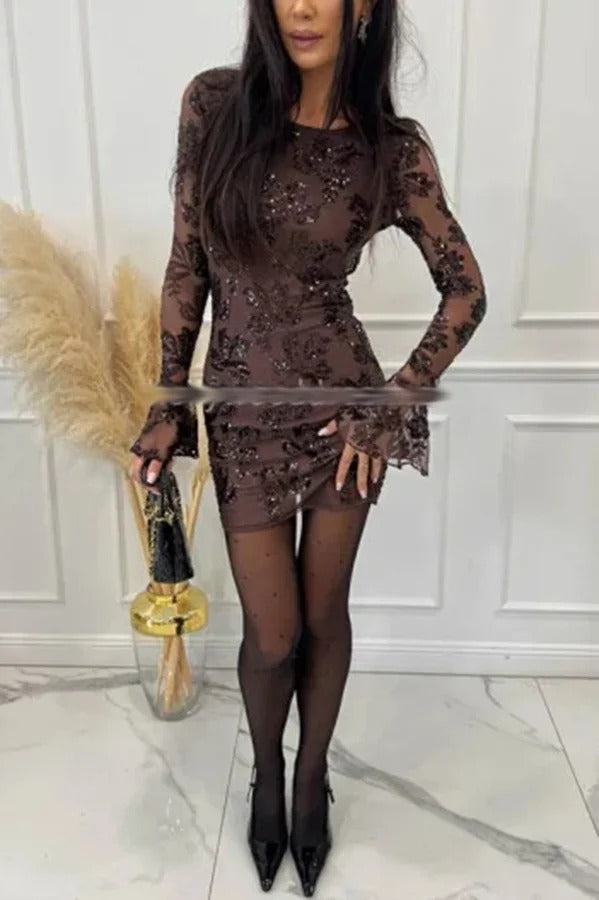 Deep and Dazzling Floral Texture Sequin Long Bell Sleeve Open Back Mini Dress
