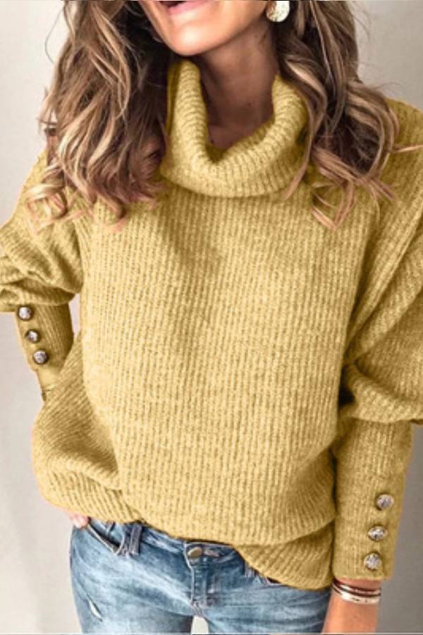 High-neck button-decorated loose knit sweater