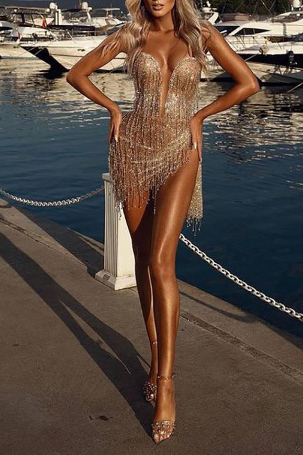 Deep V sequined tassel fitted party dress