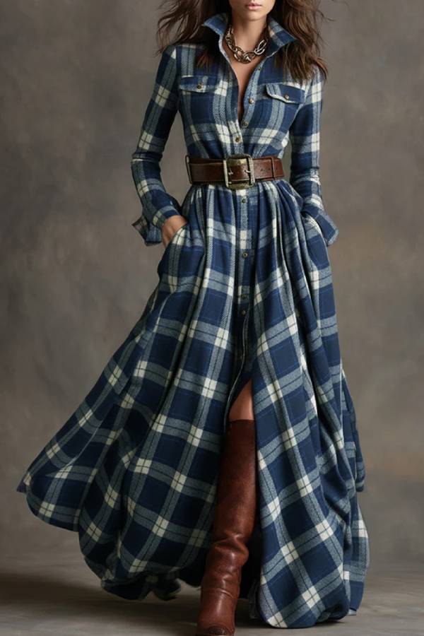 Checked Shirt Dress with Waist Tie
