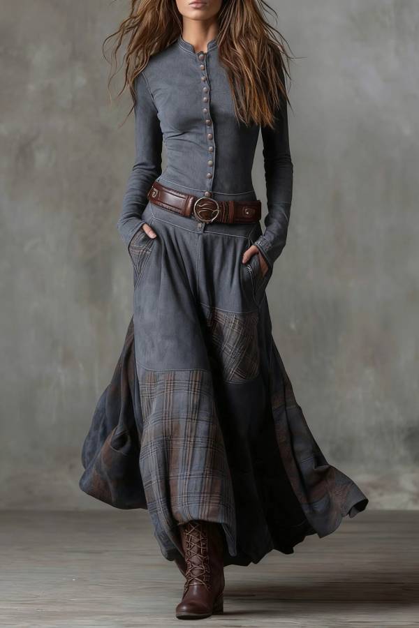 Patchwork Plaid Maxi Skirt