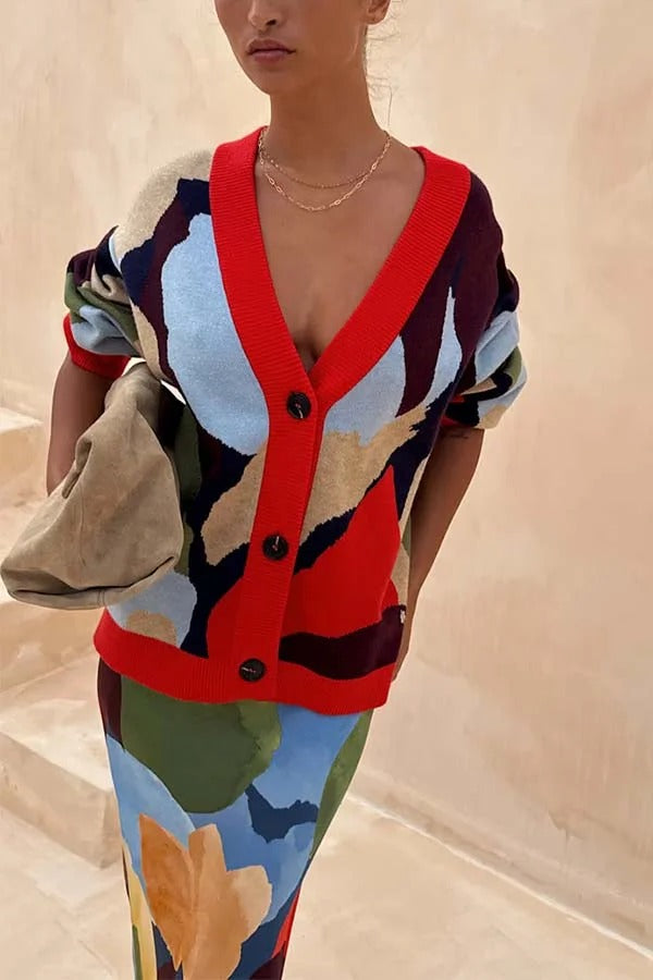Bright and Bold Knit Abstract Color Blocks Button Long Sleeve Loose Cardigan