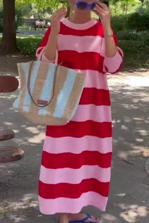 Red and pink wide striped knitted loose long dress