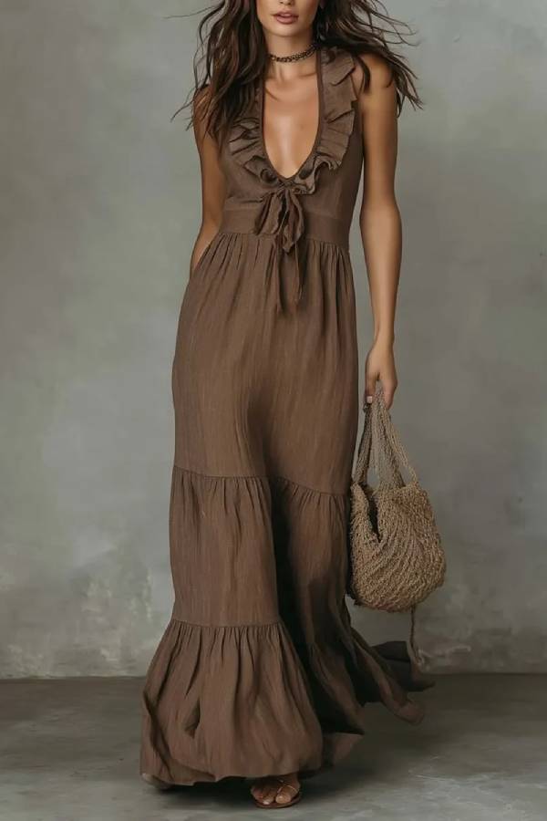 Brown Bohemian V-neck Ruffled Maxi Dress
