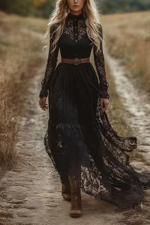 Long Sleeves Button Up Lace Maxi Dress