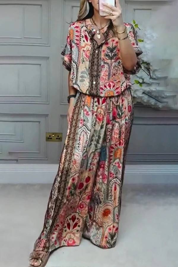 Boho Print Tassel Detail Casual Elastic Waist Pocket Wide-Leg Pants