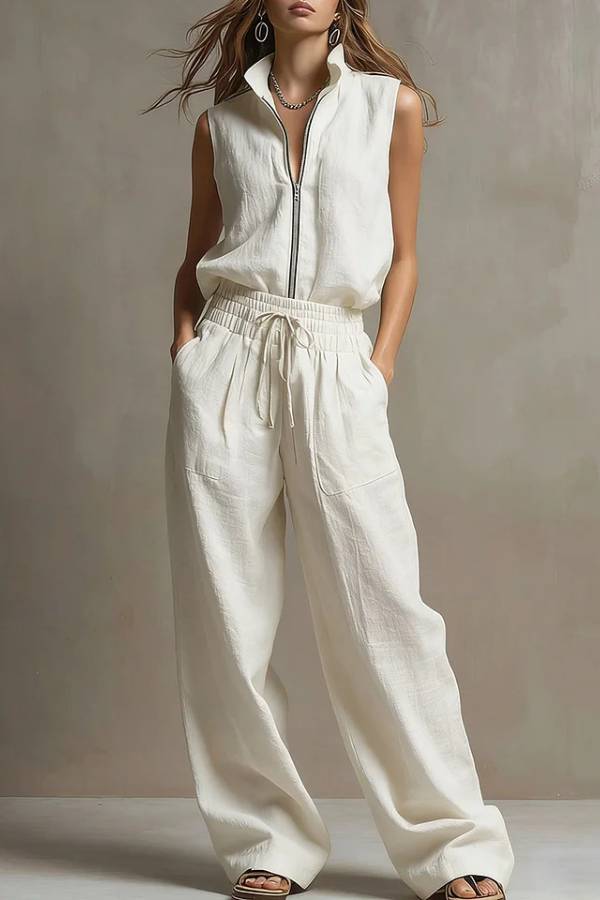 Stand Collar Half-Zip Utility Vest & Wide-Leg Pants Set