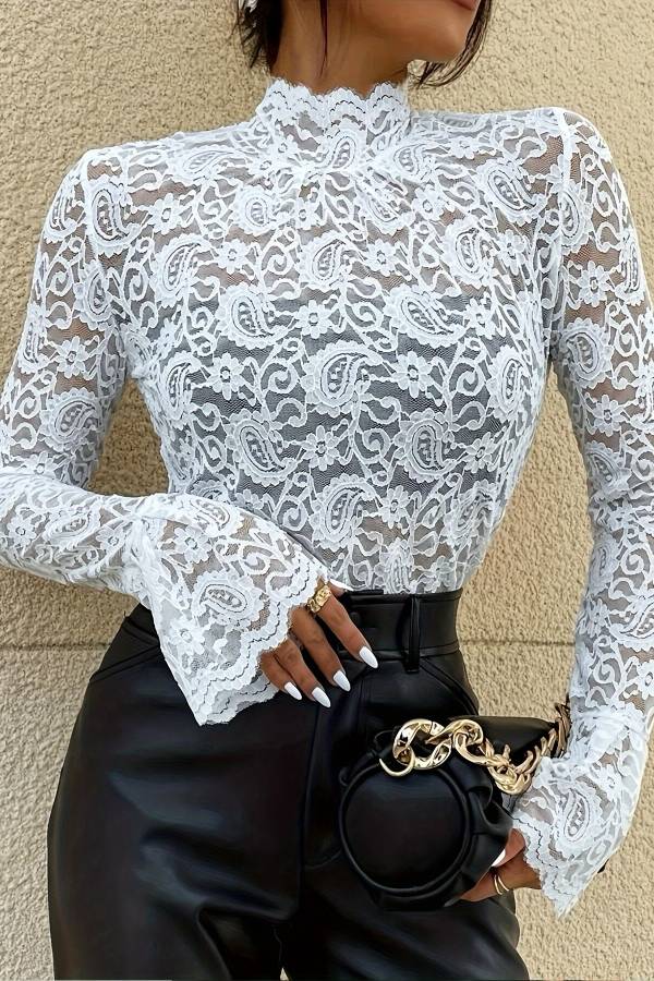High-neck lace flared sleeves see-through top