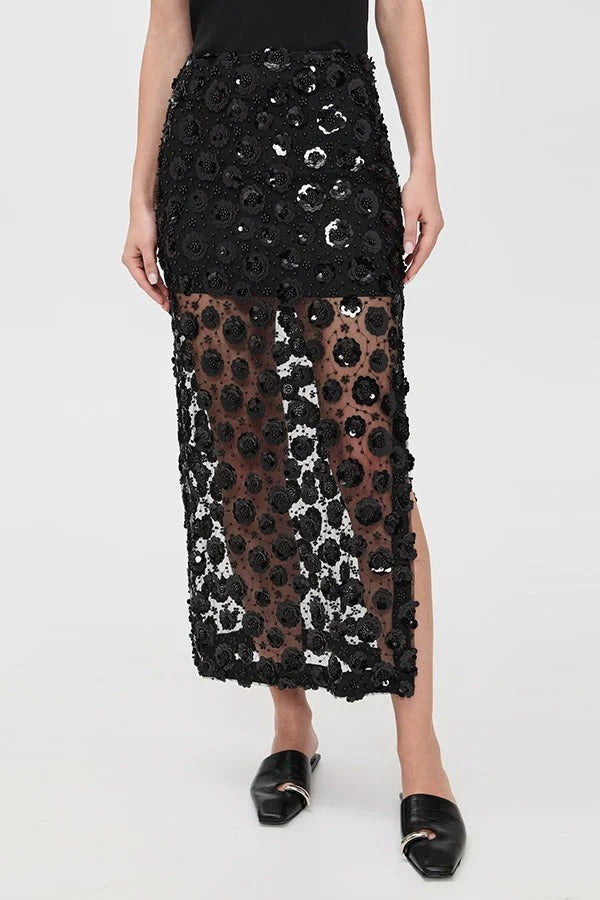 Gorgeous Flower Embellished Sequin Sheer High Rise Slit Midi Skirt